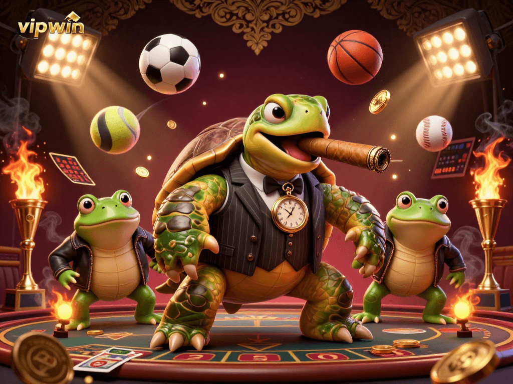 Experience the thrill of vipwin with a 3D casino scene featuring unique characters and vibrant elements.