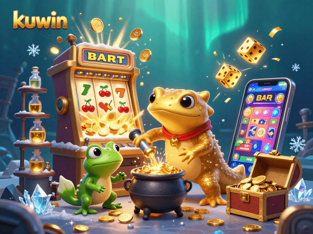 kuwin players enjoy an exciting jackpot explosion with golden coins in a dynamic casino scene