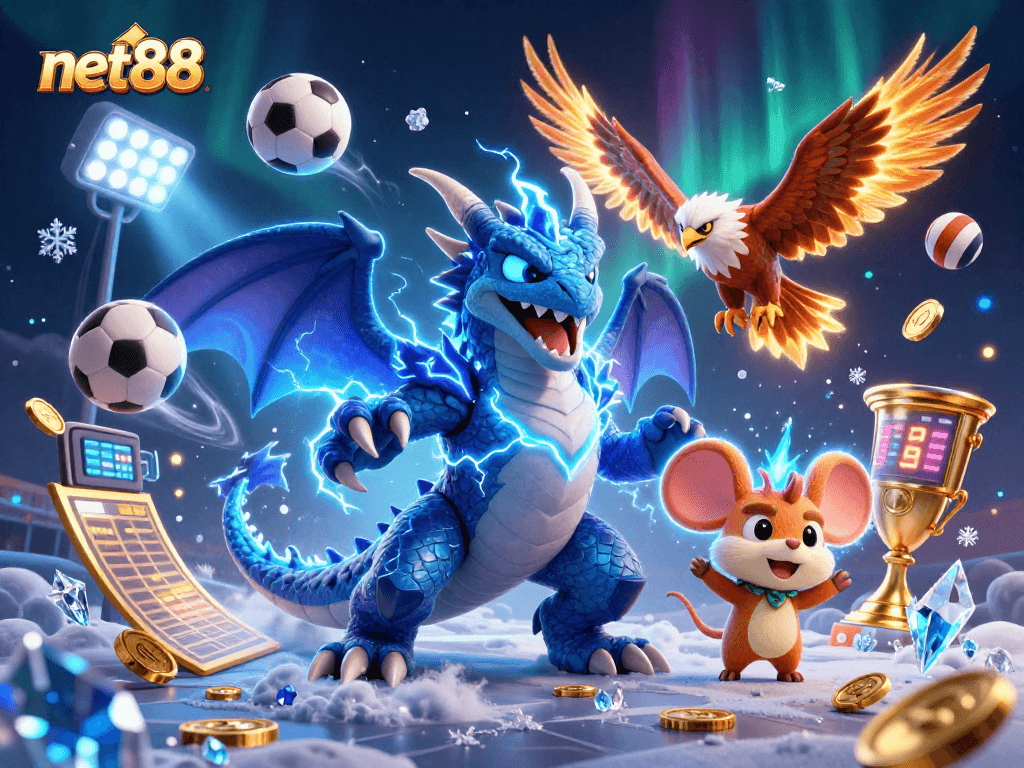 Experience net88 excitement with dynamic sports betting characters and elements in a lively casino scene.