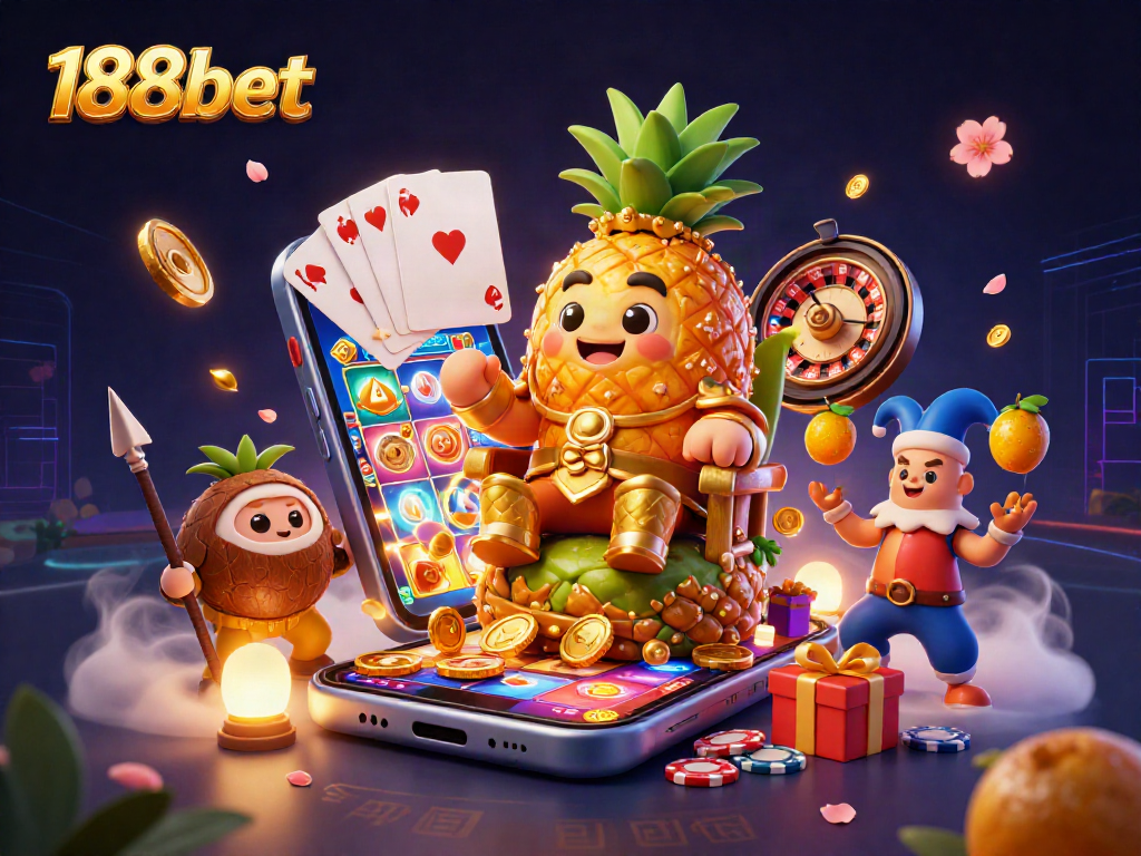 188bet players enjoy vibrant casino action with golden pineapple king and tropical characters.