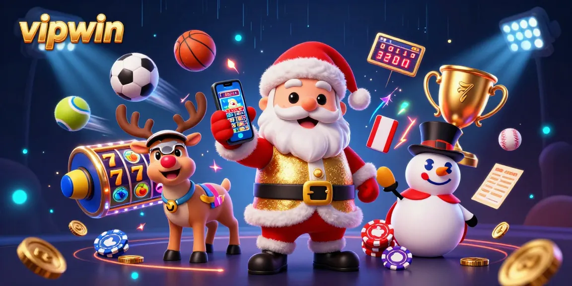 Spin to win at vipwin with festive casino fun featuring Santa and slot machines.