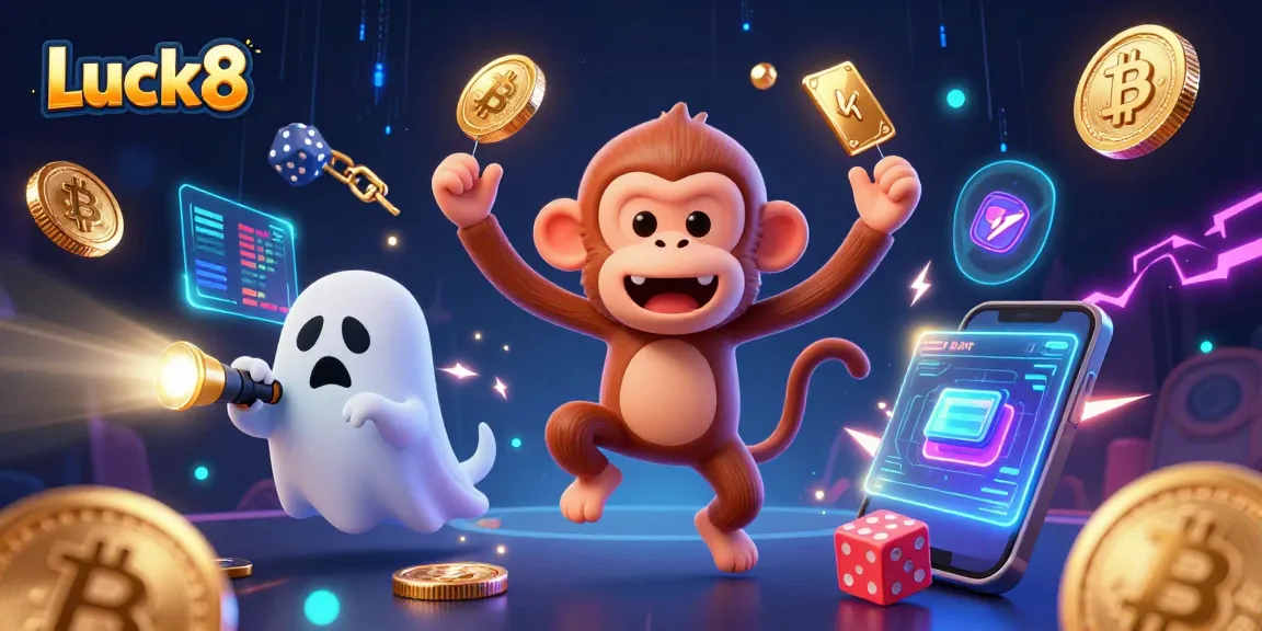 Luck8 animates in a haunted casino as a ghost-hunter dog tracks a playful poltergeist monkey juggling coins.