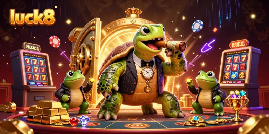 Experience the thrill of luck8 with a vibrant casino scene featuring a mobster turtle and bullfrog enforcers.