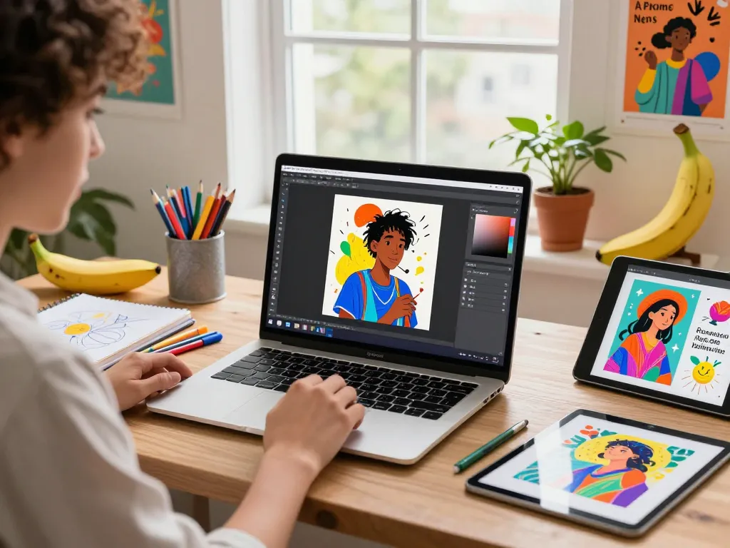 Young artist using Nano Banana AI image editor in a colorful creative workspace with vibrant art supplies.