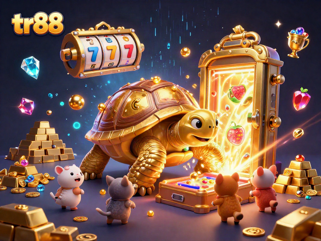 Experience excitement at tr88 with a colossal golden tortoise playing pinball surrounded by dazzling casino treasures.
