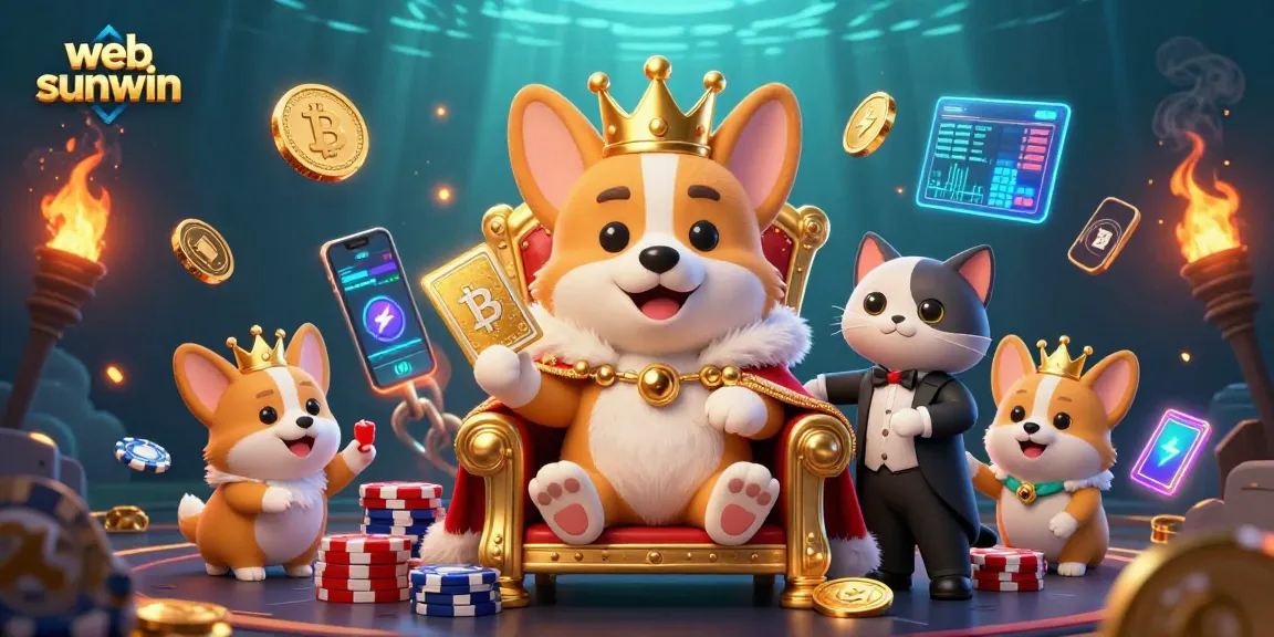 Engage with the web sunwin experience as a corgi checks winning Texas Hold'em cards amidst vibrant gaming elements.