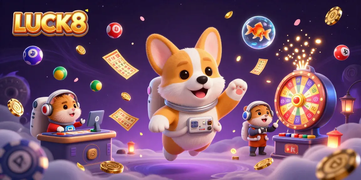 LUCK8 casino illustration featuring a corgi astronaut floating with gaming elements like lottery balls and golden coins.