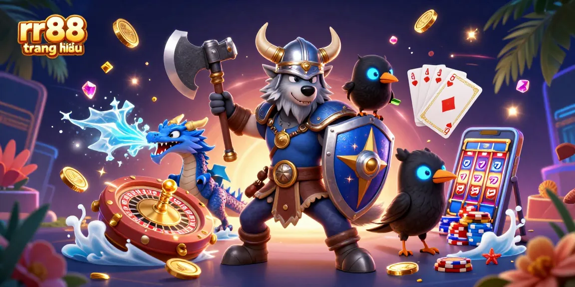 Experience thrills on rr88 trang chủ with a vibrant illustration of a Viking wolf and dragon amid casino games.