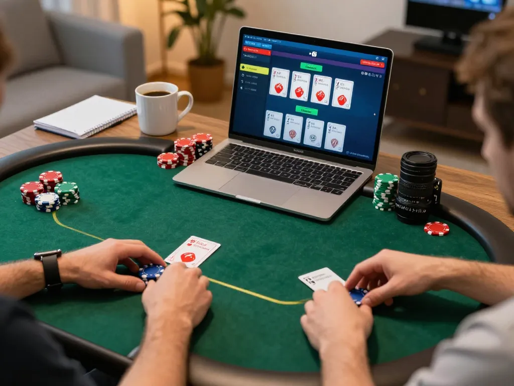 Experience windd online poker gameplay, showcasing player strategy and home comfort in a vibrant setting