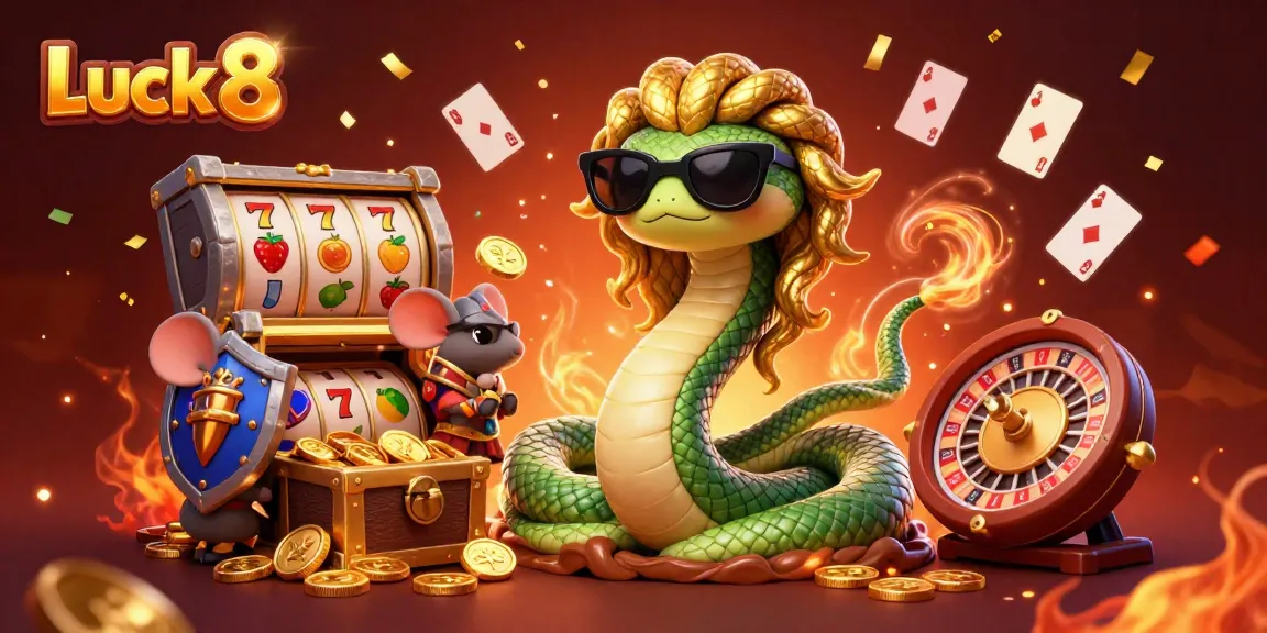 Engage in the exhilarating world of Luck 8, featuring a friendly Medusa and warrior mouse amidst casino games and treasures.