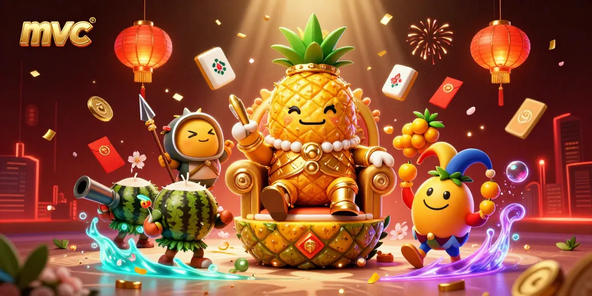 Spin the reels at mvc with a vibrant casino scene featuring a golden pineapple king and fun game elements.