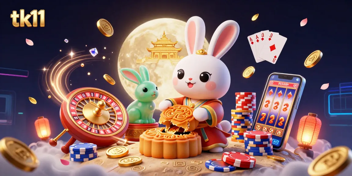 Experience the thrill with tk11, showcasing the magical moon rabbit in a bustling casino scene filled with vibrant slots and rich game elements.