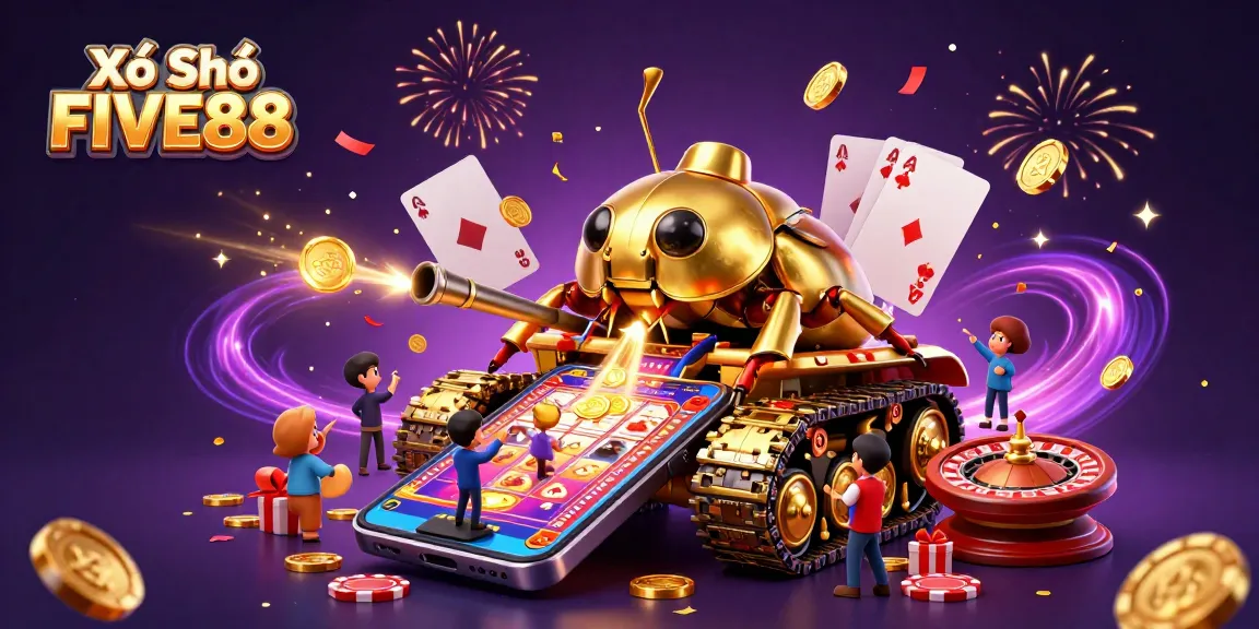 Xổ Số FIVE88 features dynamic lottery and betting elements highlighted by colorful gaming action.
