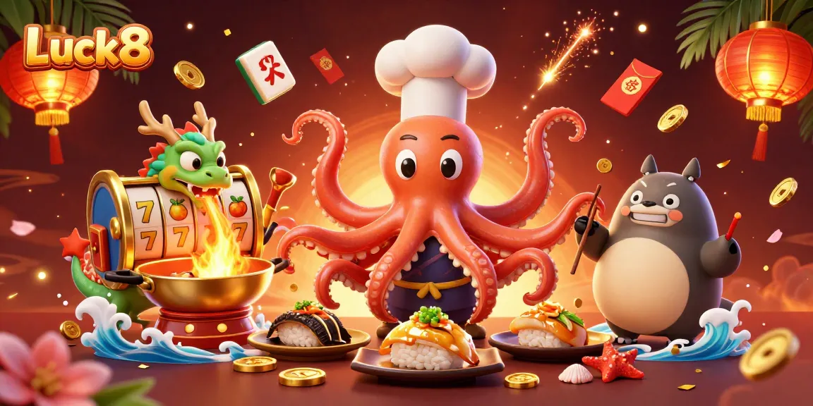 Luck8 engages players with a vibrant 3D casino scene featuring unique characters and festive elements.