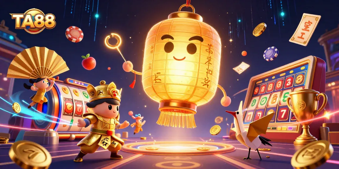 TA88 showcases vibrant slot game scene with a golden lantern spirit floating amidst dynamic gaming elements.