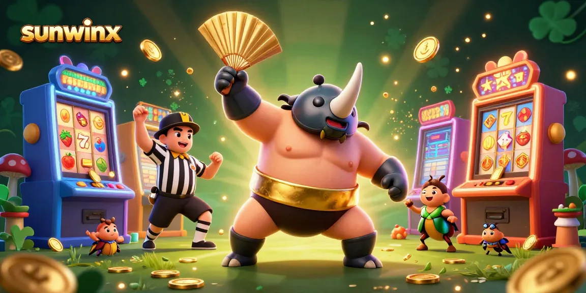 Experience thrilling wins at sunwinx with a cartoon beetle champion celebrating victories amidst flying coins.