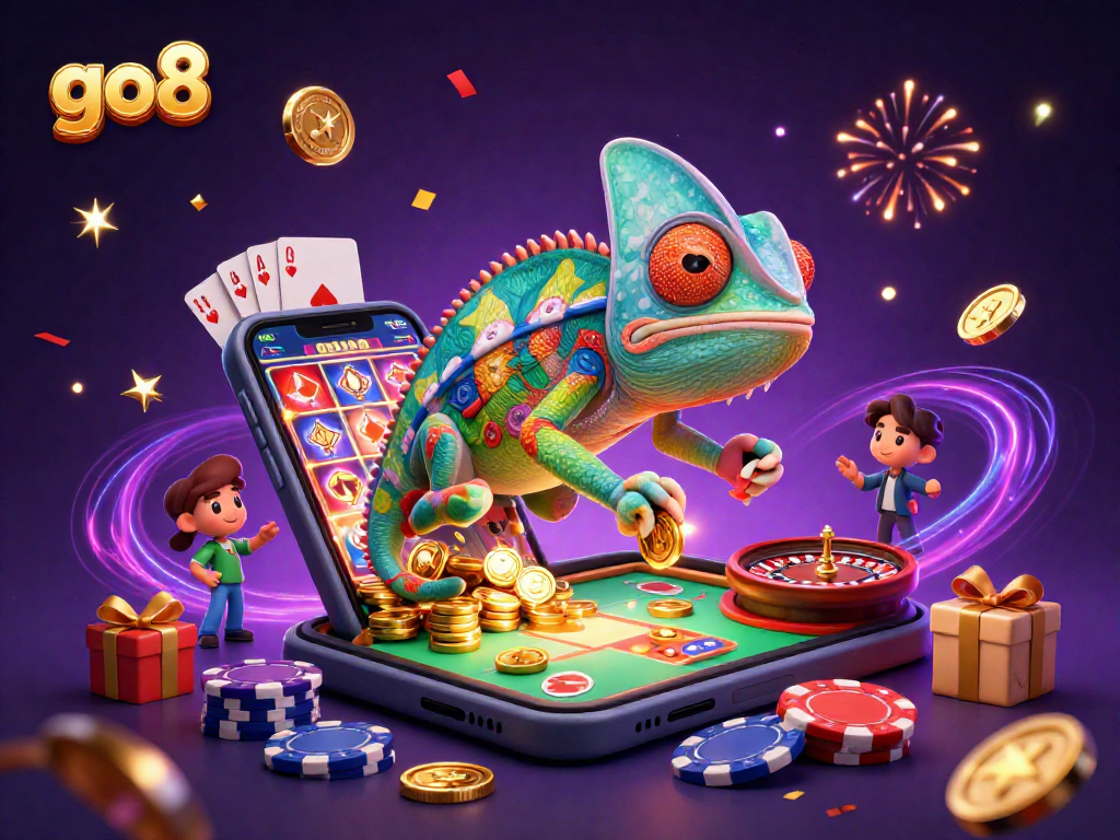 Experience win at go8 with fun 3D chameleon casino owner, spinning slots, and dazzling coins!