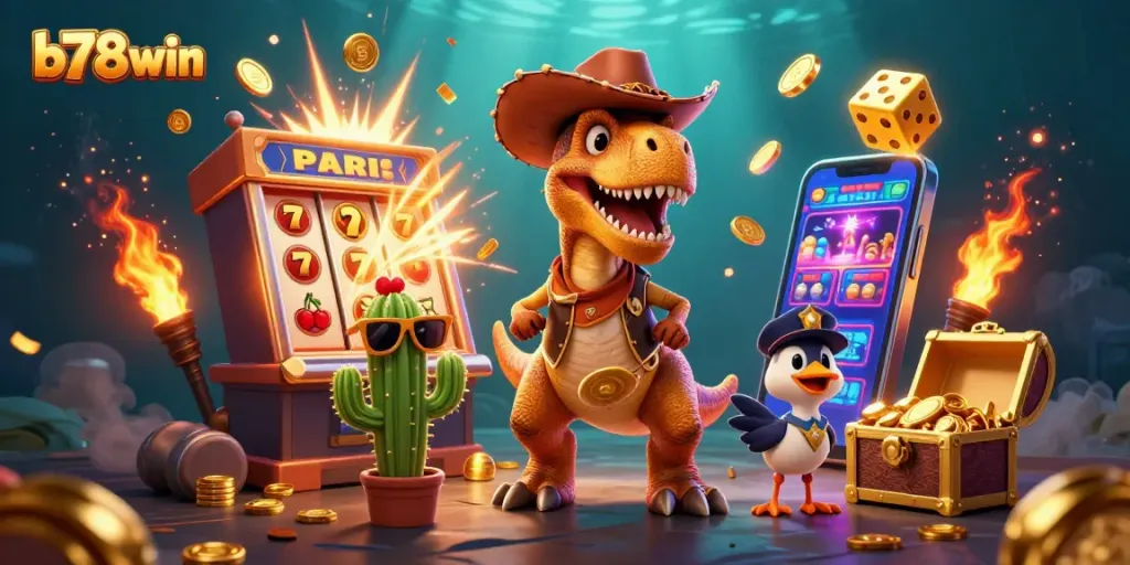 Spin the reels at b78win with an exciting jackpot explosion in this vibrant casino illustration.