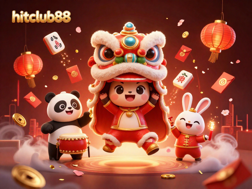 Experience the thrill of gaming with hitclub88’s exciting lion dance amidst festive casino elements.
