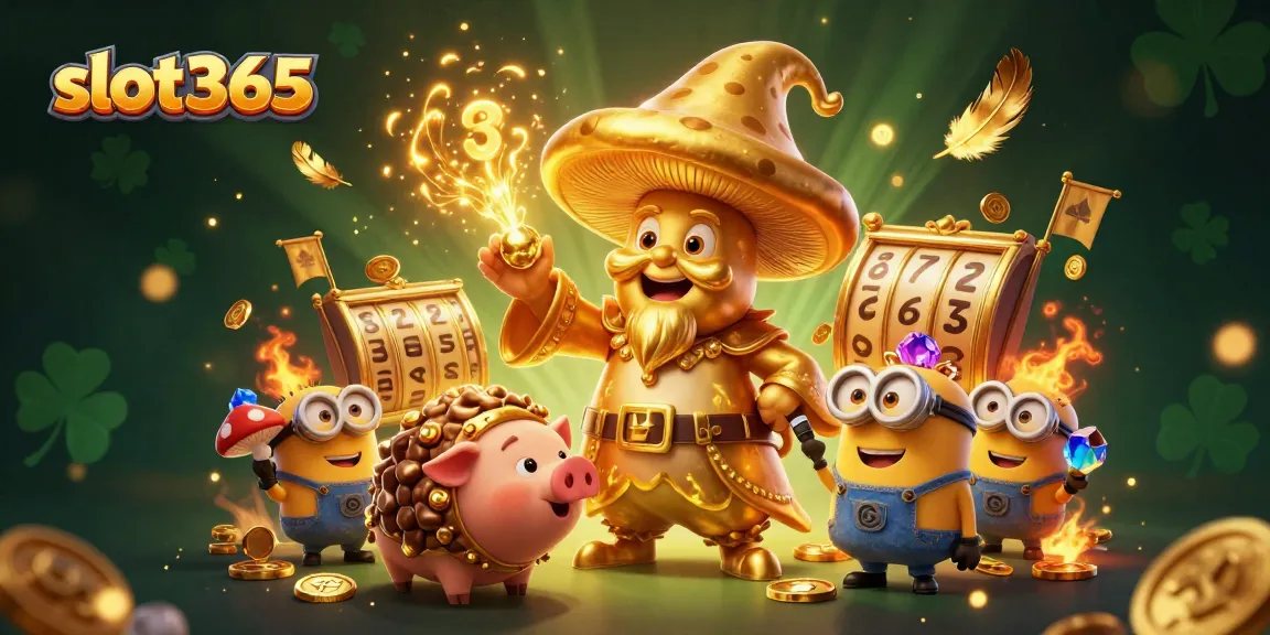 Experience slot365's magic with golden coins and treasures swirling around a wizard and pig.