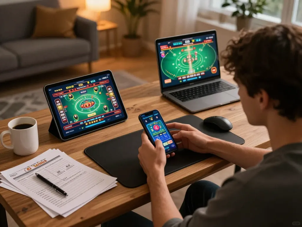 Experience thrilling gameplay with 888b on smartphone and tablet in a cozy home setup