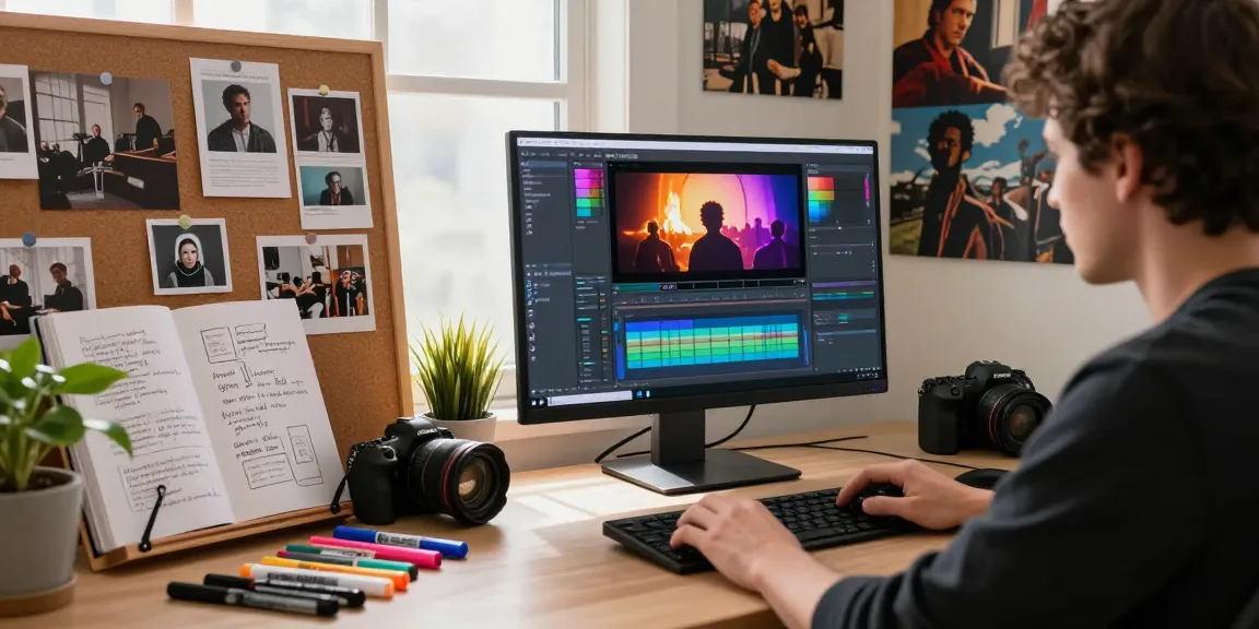 Creative workspace with video to prompt converter in use, illustrating vibrant video editing and artistic inspiration.