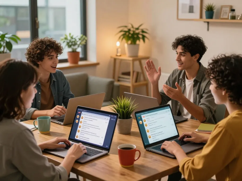 Engaging online sexchat scene with diverse participants in cozy settings using digital devices to share spontaneous conversations.