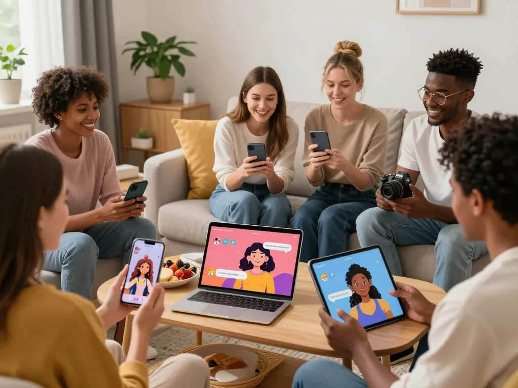 Engaging chat with AI girlfriend avatars in a cozy setting, showcasing personalized connections.