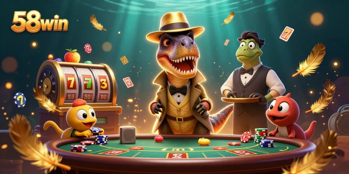Betting at the blackjack table in 58win's online casino with vibrant characters in a colorful atmosphere.