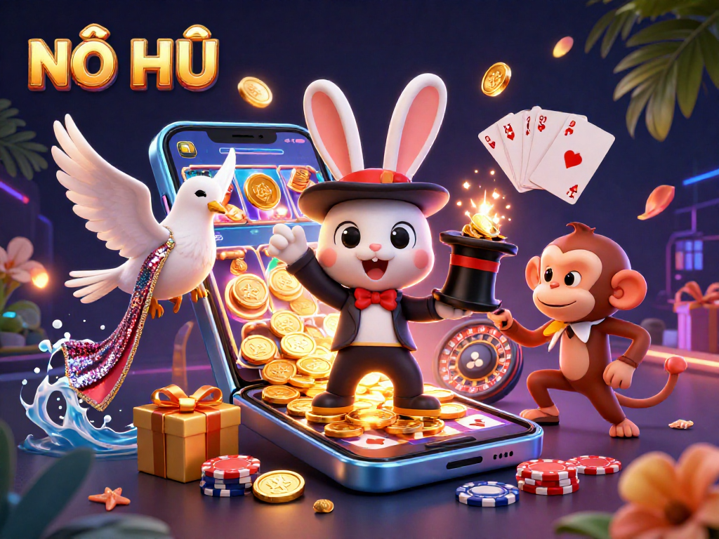NỔ HŨ vibrantly showcases a magician rabbit with golden coins in a dynamic casino scene