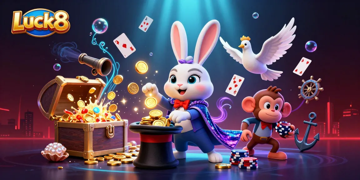 Luck8 showcases a vibrant casino scene with magical elements and playful characters, perfect for online gaming excitement.