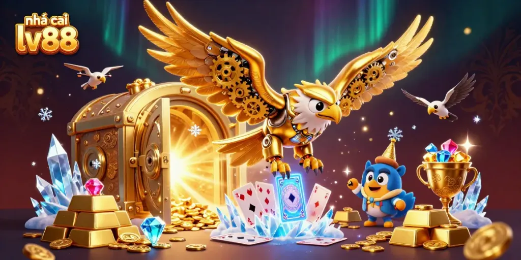 Experience the excitement at nhà cái lv88 with a stunning 3D illustration of a cybernetic eagle amidst vibrant casino elements.