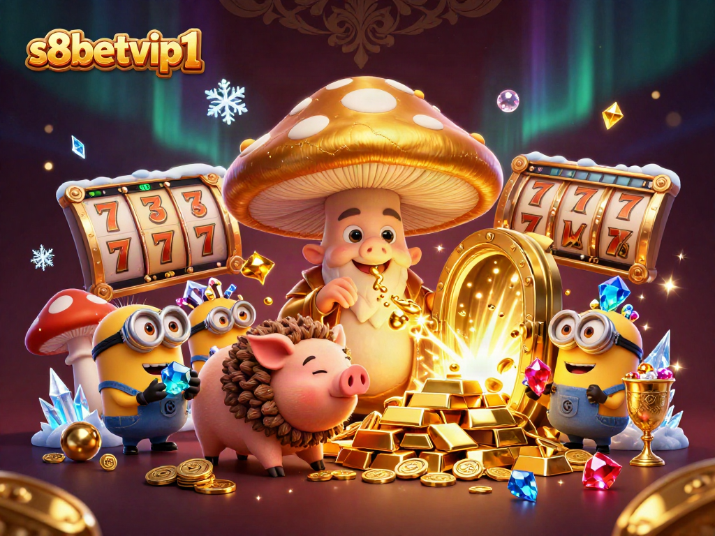 The scene illustrates the magic of winning with s8betvip1, showcasing a golden mushroom wizard surrounded by treasures and slot symbols.