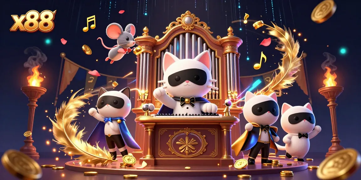 x88 casino experience featuring a stylish cat and mouse acrobat in a vibrant gambling atmosphere.