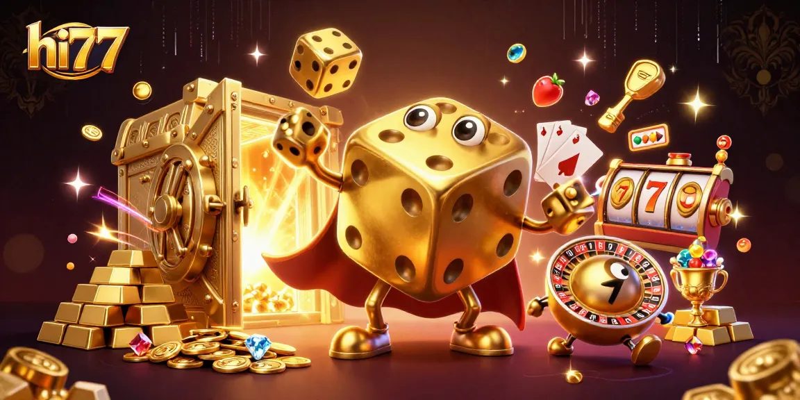 Experience ultimate excitement with hi77's dynamic casino adventure featuring golden dice and treasure.