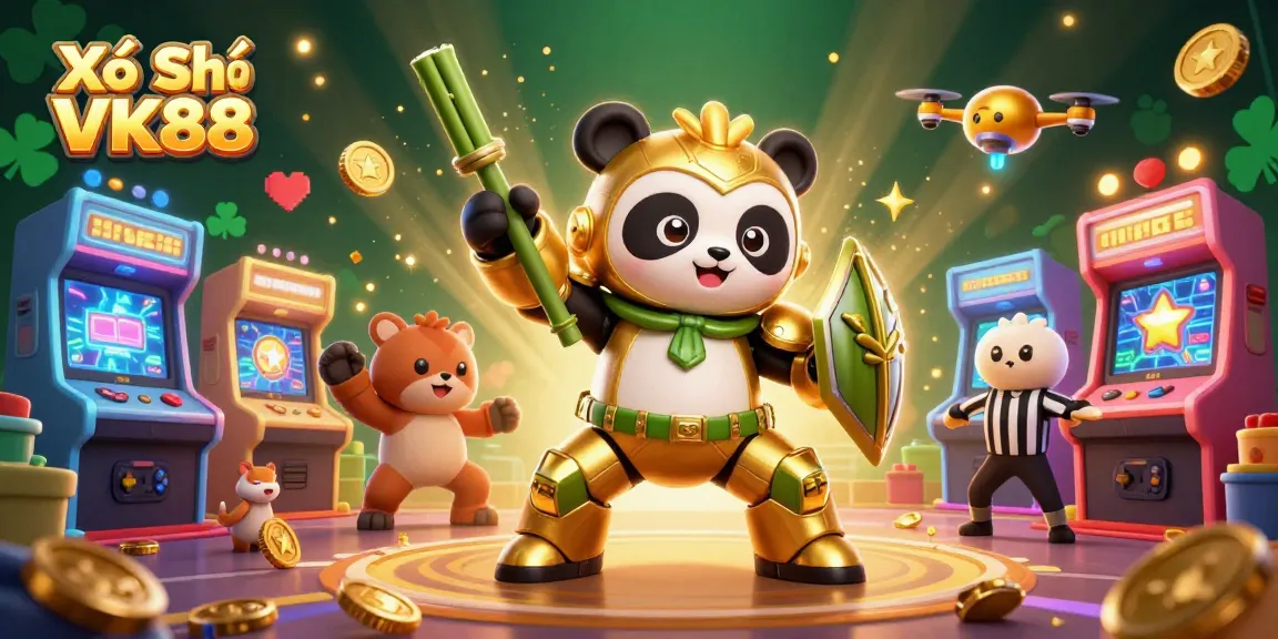 Xổ Số VK88 engagement with thrilling 3D arcade action featuring a mech-suit panda in a vibrant digital casino.