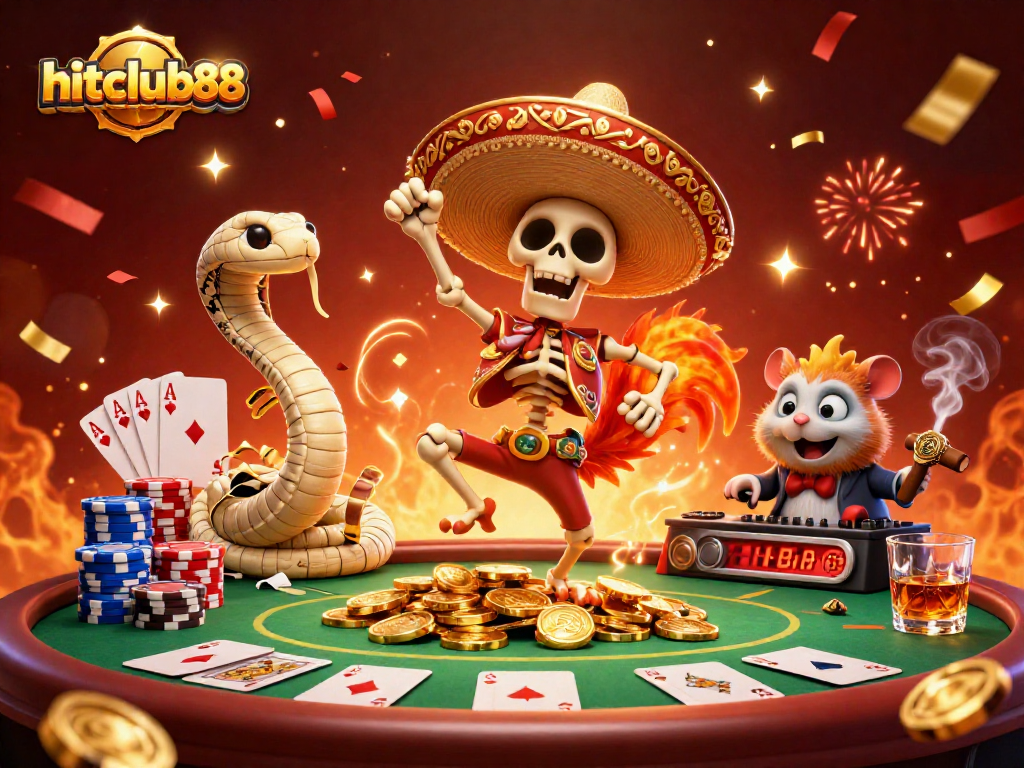 Experience the thrill of hitclub88's dynamic casino scene featuring a festive skeleton mariachi and engaging gaming elements.
