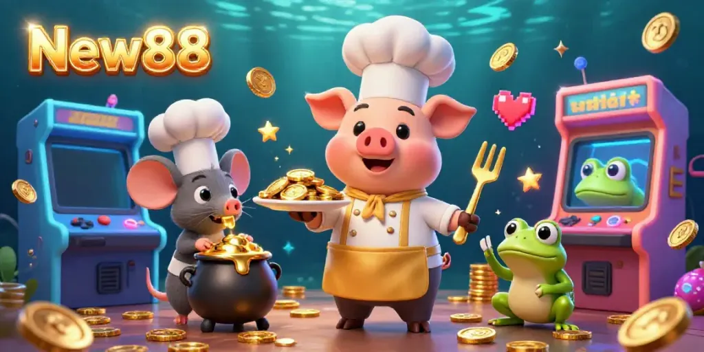 Engage with New88's immersive casino experience featuring vibrant characters and dazzling gold.