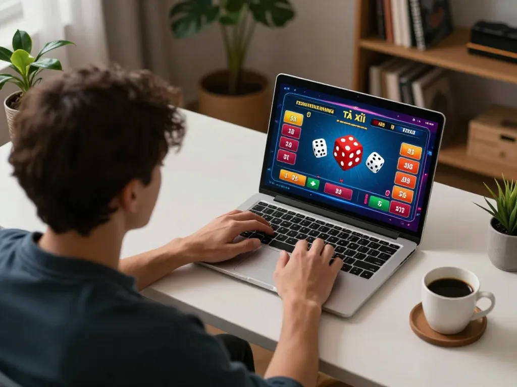 Tài xỉu online gaming session with a player engaged at their stylish desk, showcasing the vibrant casino interface.