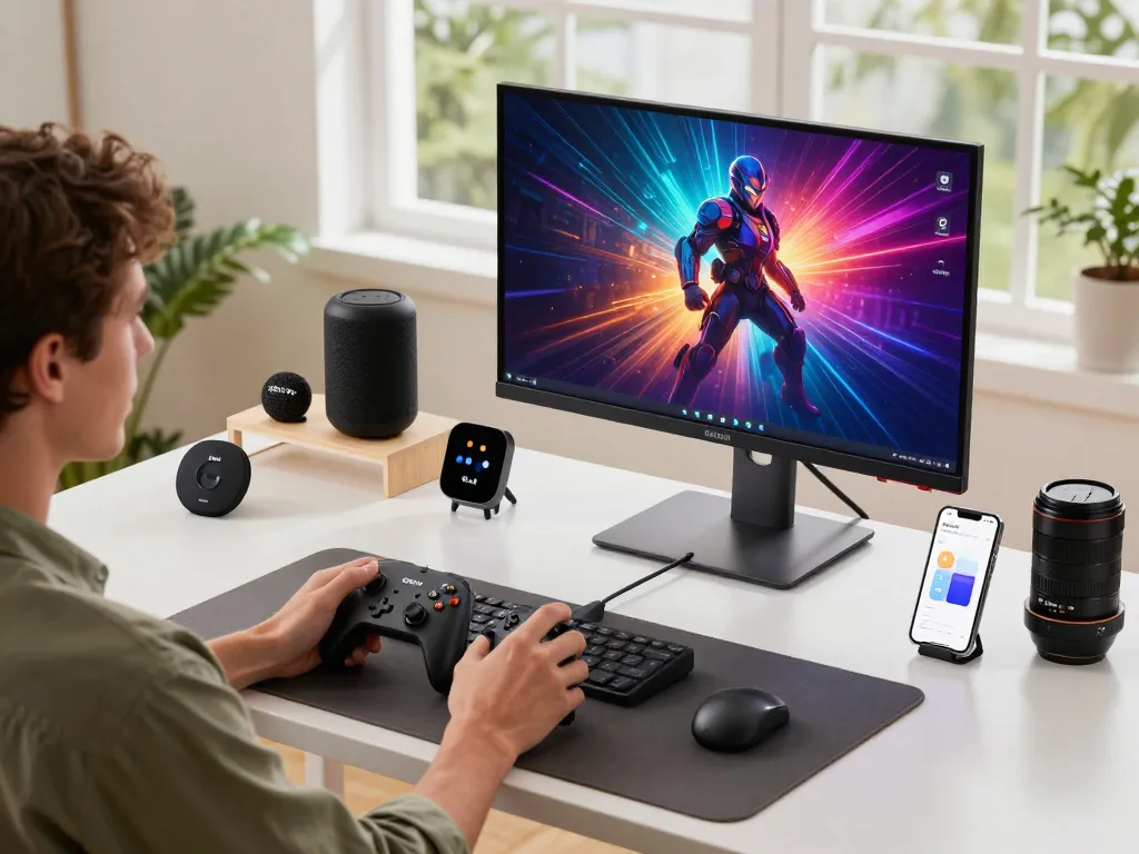 Explore trending tech gadgets like the 8BitDo Ultimate 2 controller and AirFly Pro 2 in a modern home office setup.