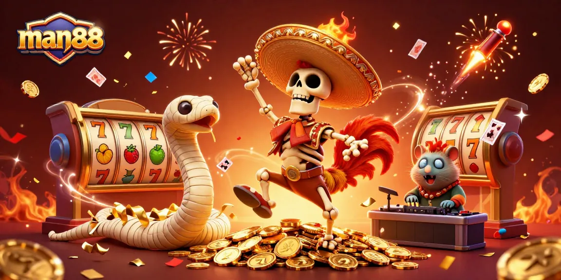 Spin to win with man88 amid a festive celebration of golden casino motifs and lively characters.