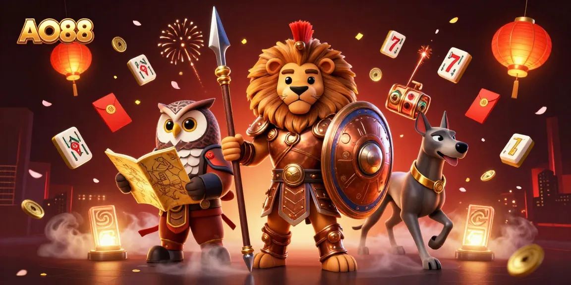Experience epic AO88 casino adventures with a Spartan lion, owl strategist, and greyhound, surrounded by vibrant gaming elements.