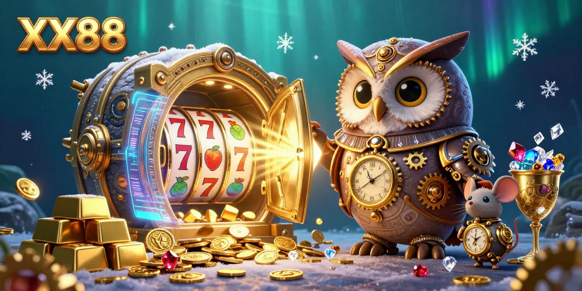 Experience the excitement of XX88 casino with a captivating steampunk owl and dynamic slot reels.