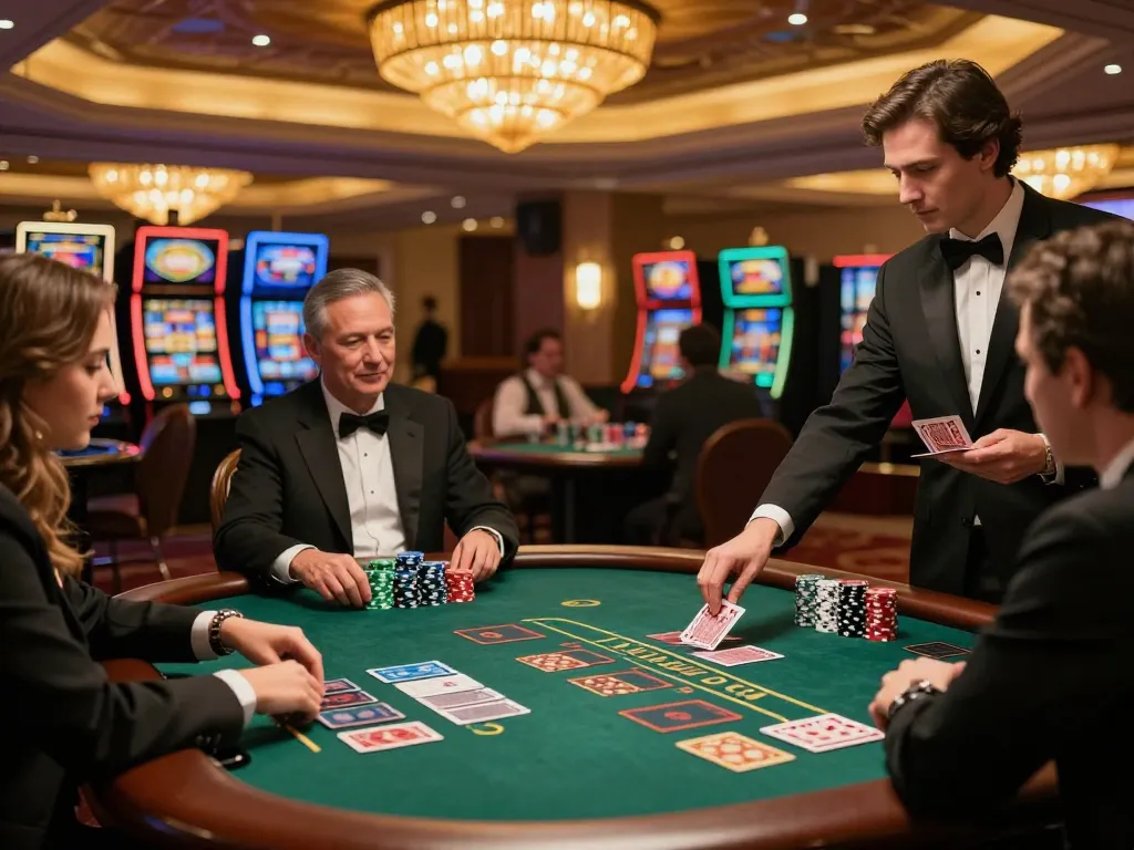 u888 players strategizing at a luxurious blackjack table in a vibrant casino setting