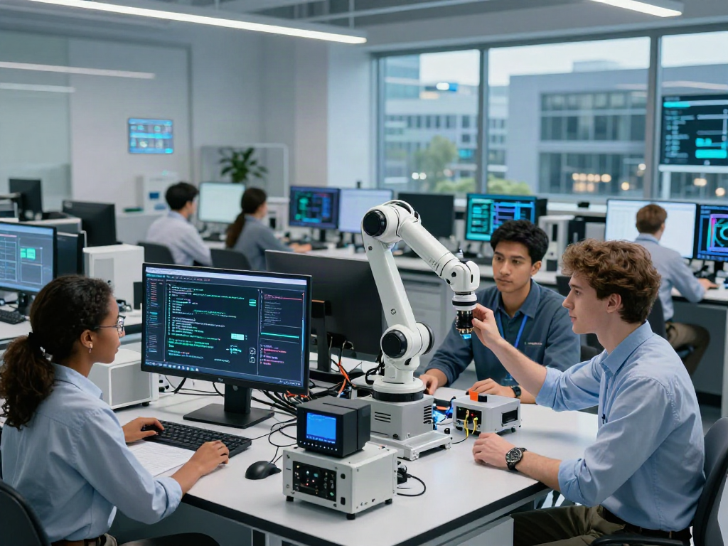 Collaboration in an AI laboratory focused on innovative 18+ ai research, highlighting teamwork and technology.