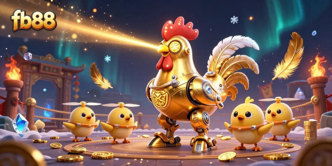 Experience the thrill of fb88 as the golden rooster robot battles in a vibrant, interactive arena.