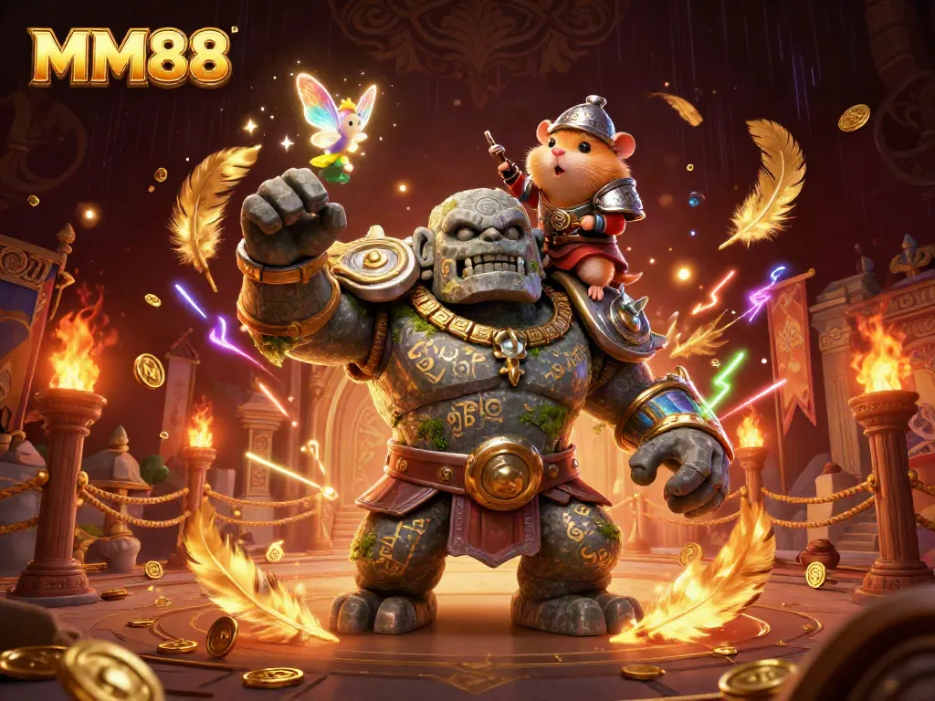 Experience the thrilling MM88 adventure with dynamic characters amidst casino games and vibrant effects.