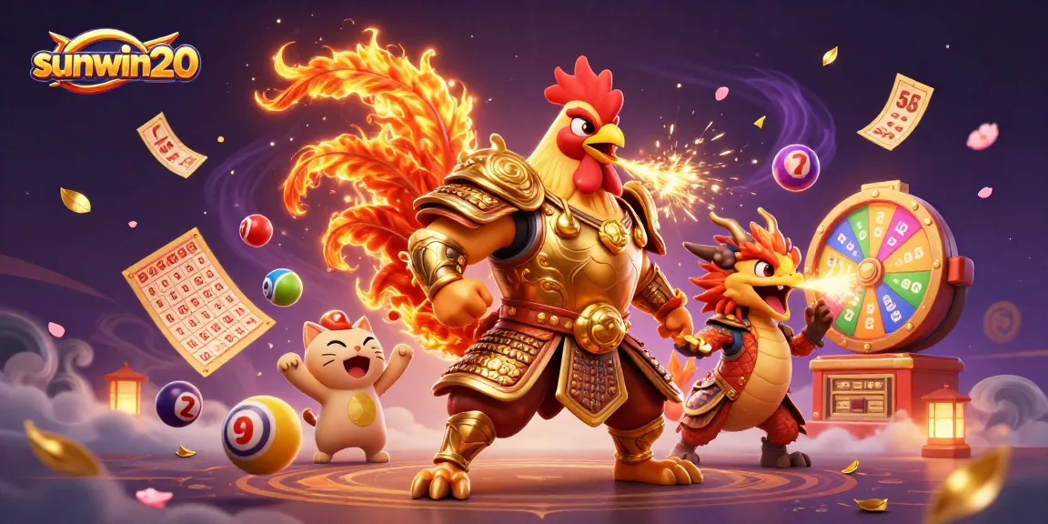 Experience sunwin20 with a thrilling illustration of vibrant lottery elements and dynamic gaming characters.