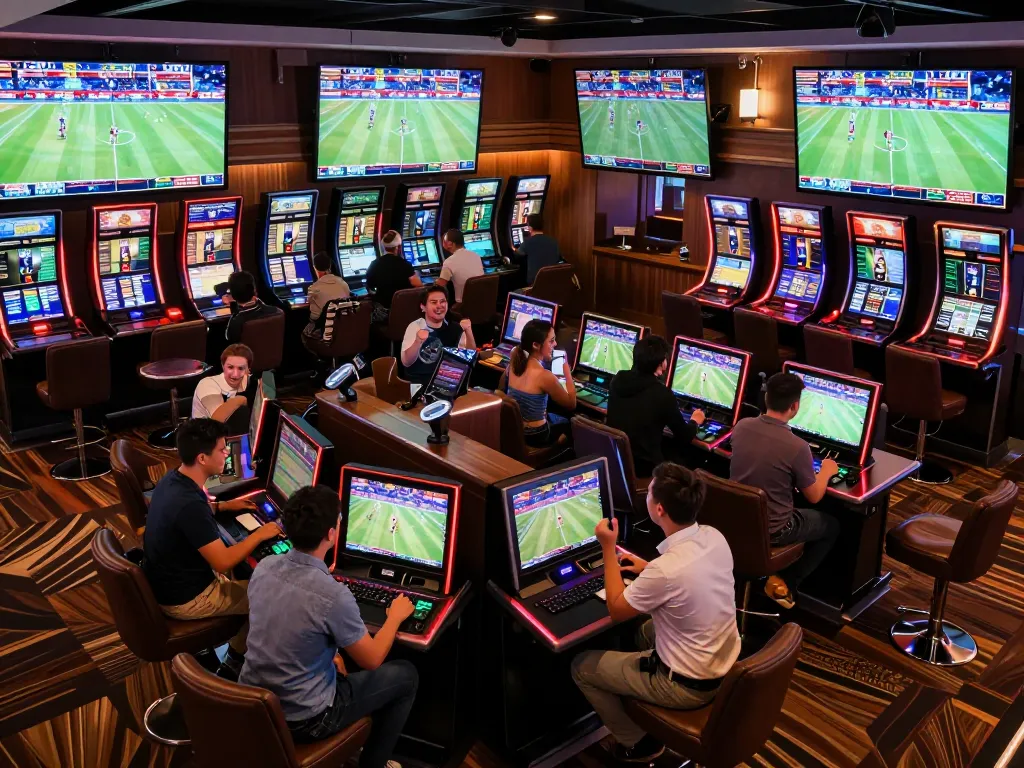 Excited bettors engaging with 888slot's sports betting lounge, cheering for live events.