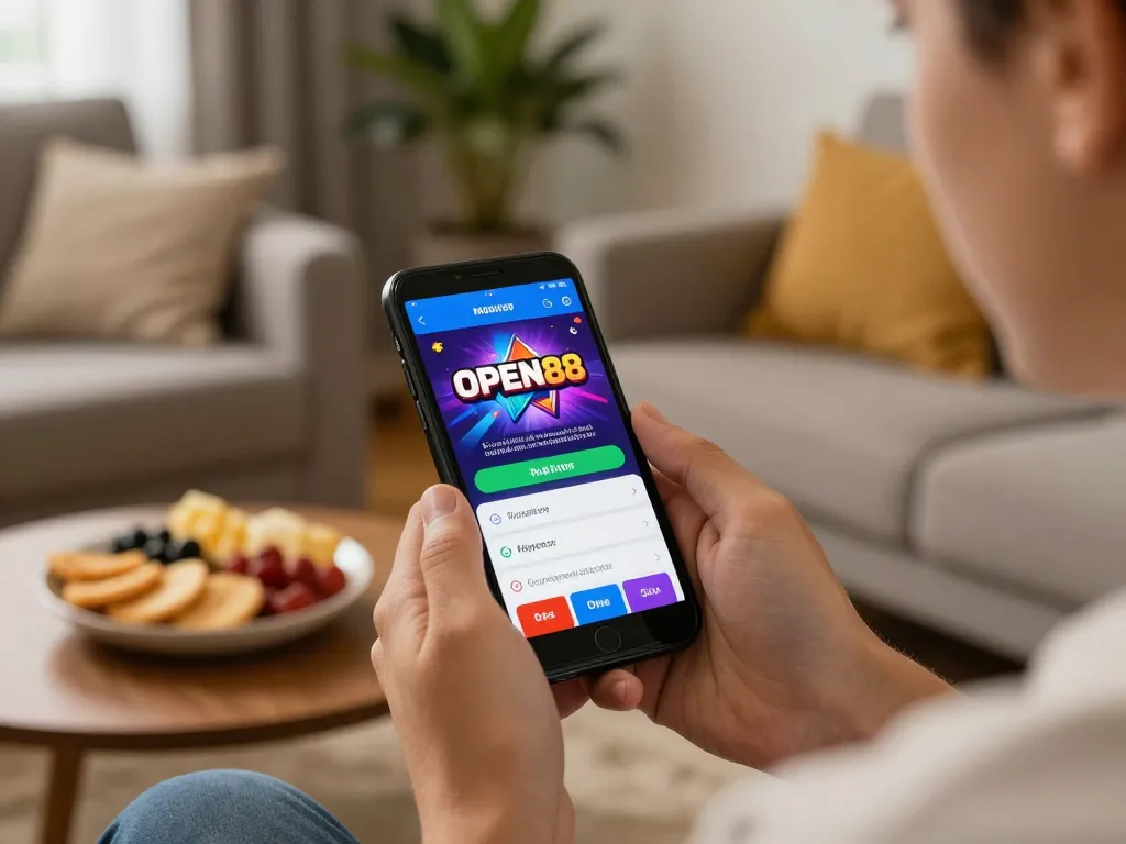 Player engaging with the OPEN88 mobile app in a cozy home setting while betting on sports.